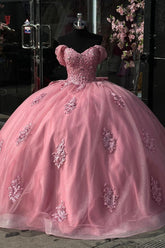 Pink Sweetheart Cap Sleeve Beaded Floral Applique Bow Ball Gown Quinceanera Dress