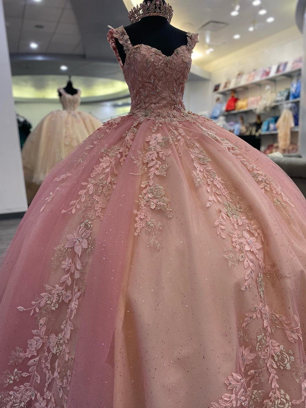 Pink Sweetheart Cap Sleeve Floral Applique Beaded Glitter Ball Gown Quinceanera Dress