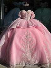 Pink Sweetheart Cap Sleeve Lace Applique Beaded Ruffled Tulle Ball Gown Quinceanera Dress