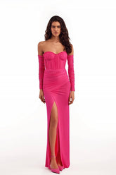 Pink Sweetheart Detachable Off-Shoulder Sleeves Bodycon High Slit Floor Formal Dress