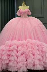 Pink Sweetheart Off-Shoulder Cap Sleeve Beaded Ruffled Tulle Ball Gown Quinceanera Dress