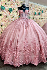 Pink Sweetheart Off-the-Shoulder Lace Applique Rhinestone Ball Gown Quinceanera Dress