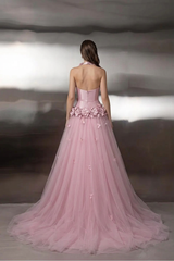 Pink Sweetheart Sleeveless A-line Tulle Floral Appliques Floor Length Formal Evening Dress