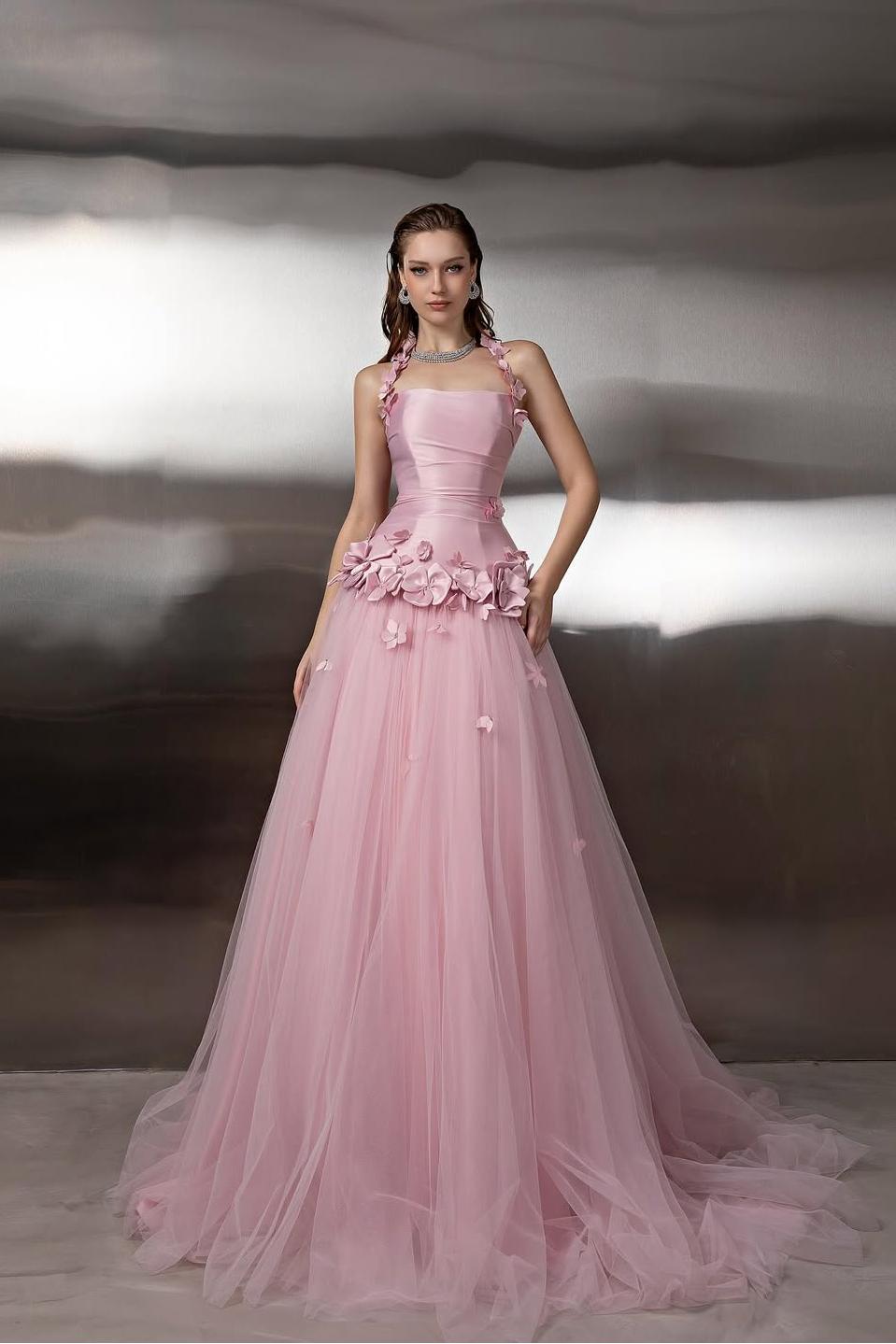 Pink Sweetheart Sleeveless A-line Tulle Floral Appliques Floor Length Formal Evening Dress