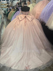 Pink Sweetheart Sleeveless Beaded Floral Applique Bow Ball Gown Quinceanera Dress