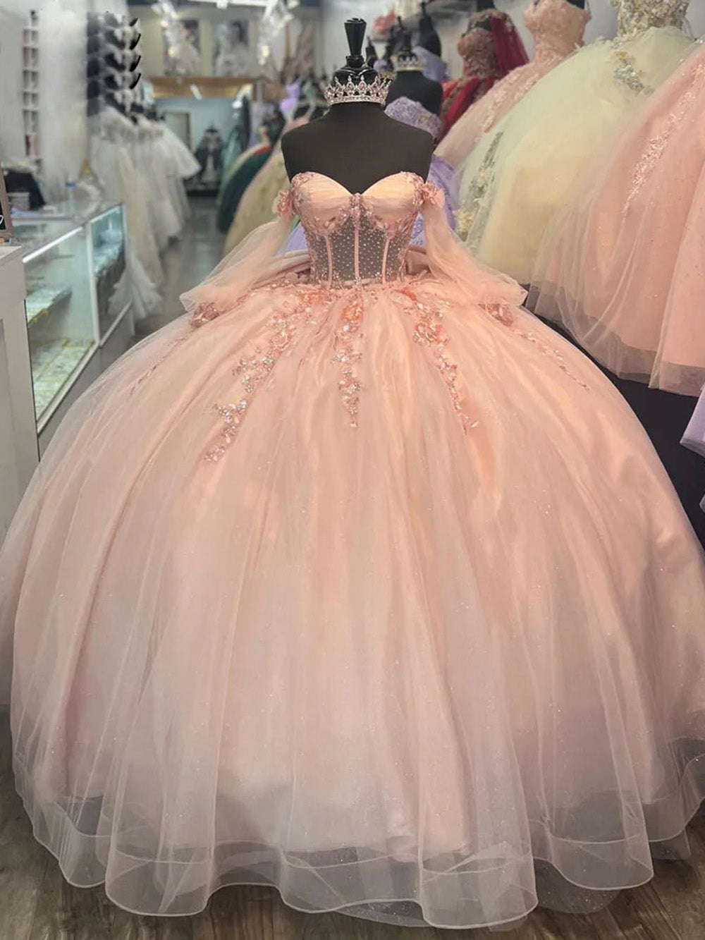 Pink Sweetheart Sleeveless Beaded Floral Applique Bow Ball Gown Quinceanera Dress
