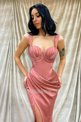 Pink Sweetheart Sleeveless Corset Ruching Bodycon Slit Floor Length Formal Evening Dress
