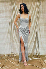Pink Sweetheart Sleeveless Corset Ruching Bodycon Slit Floor Length Formal Evening Dress