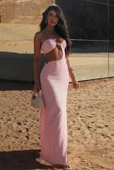 Pink Sweetheart Sleeveless Cutout O-Ring Column Satin Slit Floor Formal Evening Gown