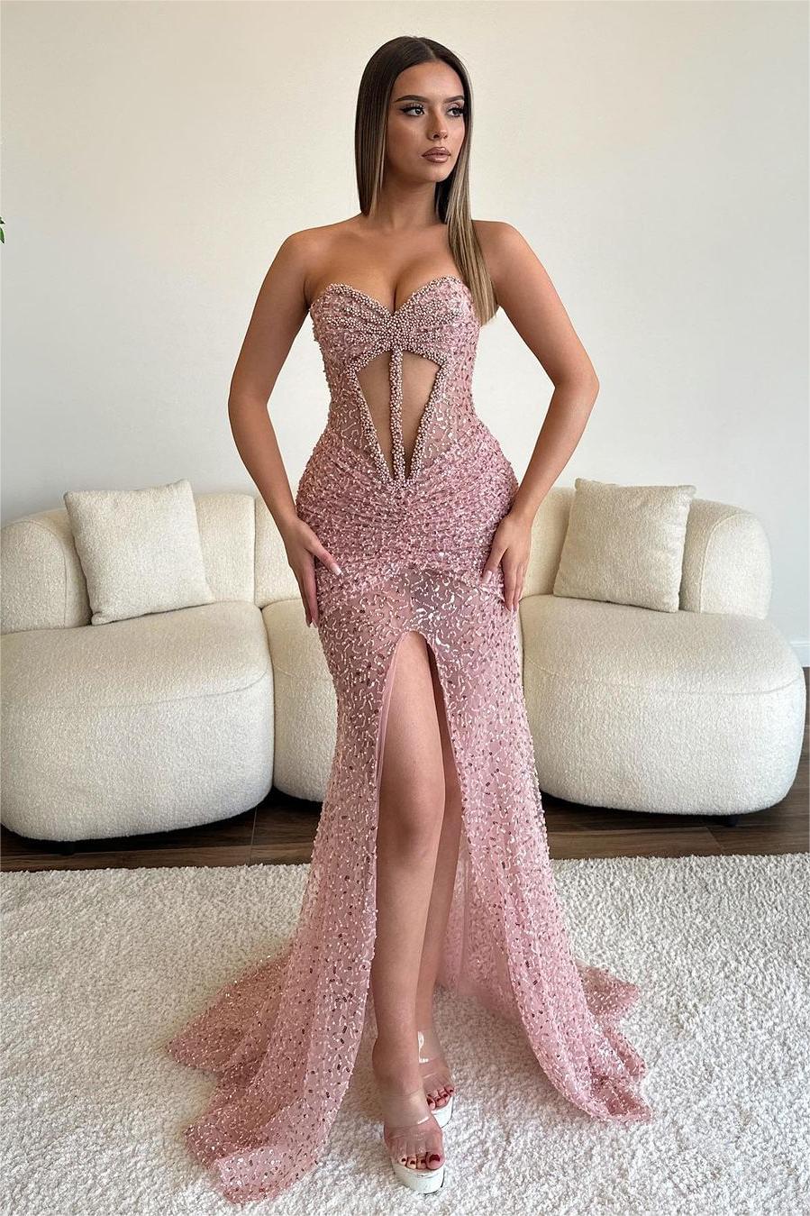 Pink Sweetheart Sleeveless Mermaid Sequined Beaded High-Slit Floor Formal Evening Gown