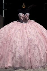 Pink Sweetheart Sleeveless Rhinestone Beaded Bow Embellished Ball Gown Quinceanera Dress