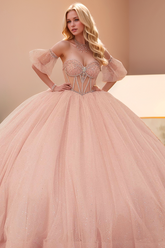Pink Sweetheart Sleeveless Rhinestone Beaded Corset Bow Ball Gown Quinceanera Dress