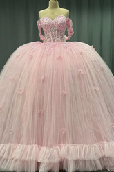 Pink Sweetheart Sleeveless Rhinestone Beaded Lace Applique Ball Gown Quinceanera Dress