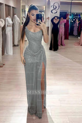 Silver grey sweetheart rhinestone fit-and-flare evening dress