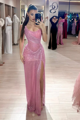 Pink Sweetheart Sleeveless Sequined Fit and Flare High Slit Floor Formal Evening Gown