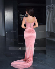 Pink Sweetheart Sleeveless Sequined Mermaid Satin Slit Floor Length Evening Gown