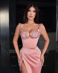 Pink Sweetheart Sleeveless Sequined Mermaid Satin Slit Floor Length Evening Gown