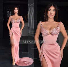 Pink Sweetheart Sleeveless Sequined Mermaid Satin Slit Floor Length Evening Gown