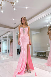Pink Sweetheart Spaghetti Straps Beaded Mermaid Satin High Slit Floor Formal Evening Gown