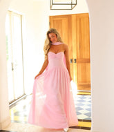 Pink Sweetheart Strapless Sleeveless A-Line Pleated Chiffon Floor Formal Evening Dress