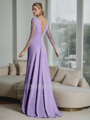 Plunge V-Neck A-Line Princess Jumpsuit for the Mother of the Bride with Ruched Embroidered Tulle Sleeves & Bow