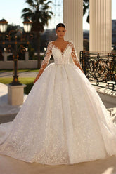 White long sleeve v-neck lace applique ball gown wedding dress with train