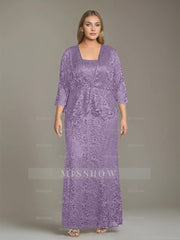 Plus Size 2-Piece Mother of the Bride Dress Set with Square Neck and Floor-Length Sheath