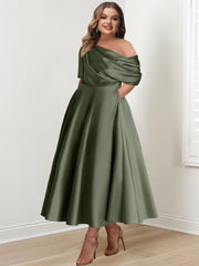 Plus Size A-Line Princess Ankle-Length One-Shoulder Mother of the Bride Dress with Ruffles and Half Sleeves
