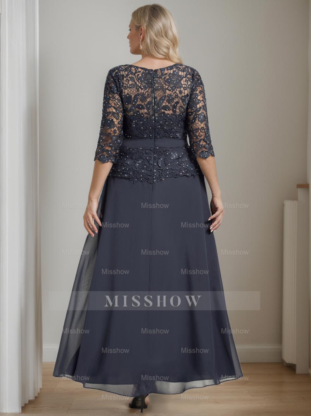 Plus Size A-Line Princess Scoop Neck Ankle-Length Mother of the Bride Dress with Beading and Rhinestones