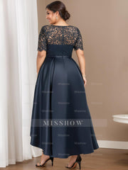 Plus Size Asymmetrical A-Line Princess Dress with Round Neck and Short Sleeves Appliques for Mother of the Bride