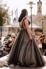 Brown v-neck applique A-line wedding dress