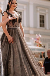 Brown v-neck applique A-line wedding dress