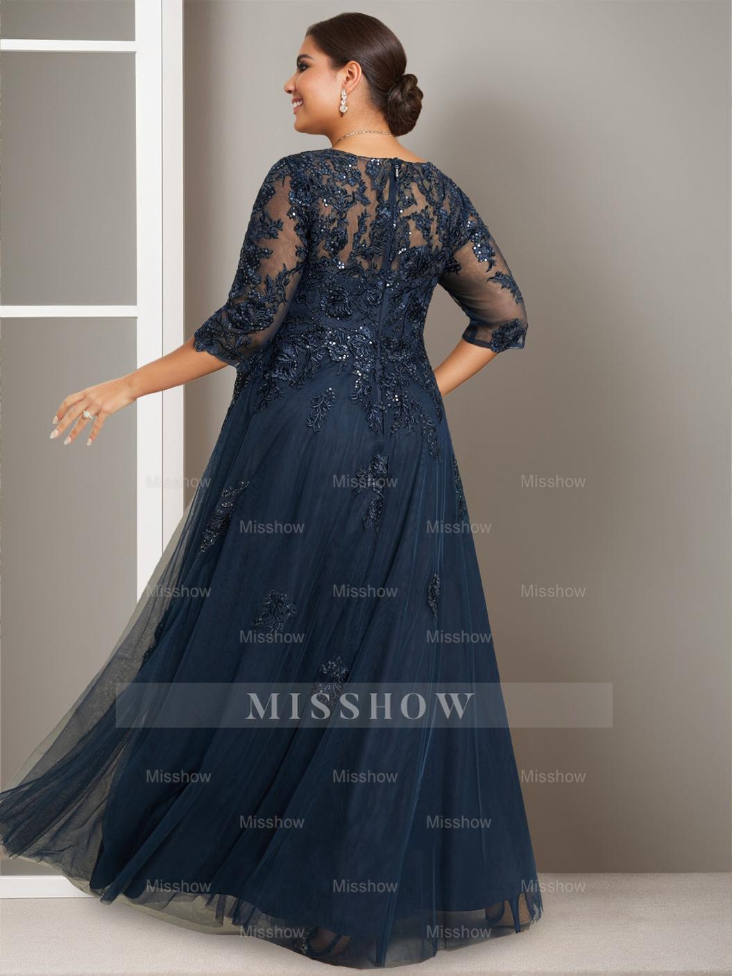 Plus Size Floor-Length A-Line Princess V-Neck Mother of the Bride Dress with Half Sleeves and Sequins
