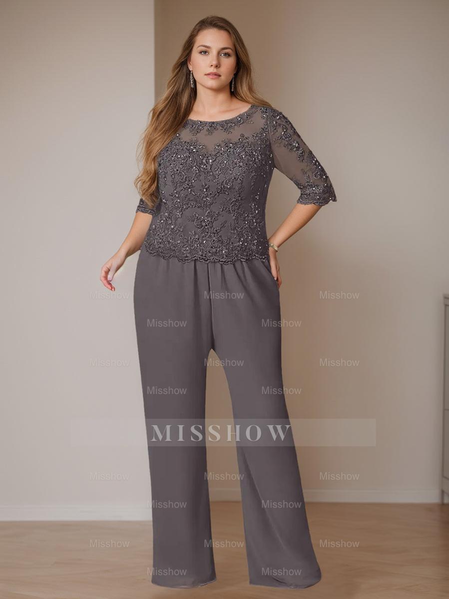 Plus Size Floor-Length Chiffon Pantsuits With Jacket - 3 Piece Set Scoop Neck & Long Sleeves
