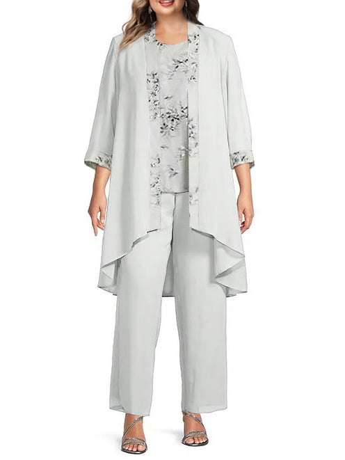 Plus Size Floor-Length Chiffon Pantsuits for the Mother of the Bride with Round Neck and Jacket