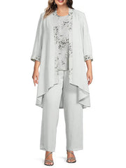Plus Size Floor-Length Chiffon Pantsuits for the Mother of the Bride with Round Neck and Jacket