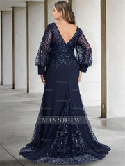 Plus Size Floor-Length Mermaid/Trumpet Mother of the Bride Dress with Scoop Neck and Long Sequined Sleeves