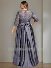 Plus Size Floor-Length Mother of the Bride A-Line Dress with 3/4 Sleeves Scoop Neck Bow & Sequins