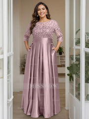 Plus Size Floor-Length Mother of the Bride A-Line Dress with 3/4 Sleeves Scoop Neck Bow & Sequins