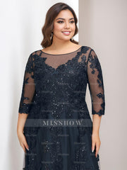 Plus Size Floor-Length Mother of the Bride A-Line Dress with 3/4 Sleeves and Sequins