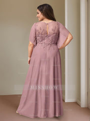 Plus Size Floor-Length Mother of the Bride A-Line Dress with Lace Round Neck and Short Sleeves