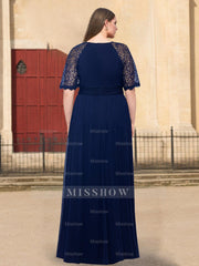 Plus Size Floor-Length Mother of the Bride A-Line Dress with Scoop Neck Half Sleeves Ruffles and Lace