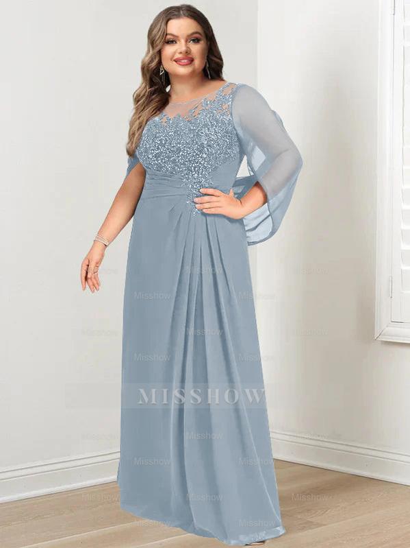 Plus Size Floor-Length Mother of the Bride A-Line Dress with Scoop Neckline Pleats and Sequins