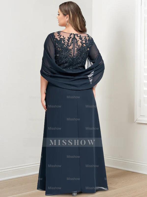 Plus Size Floor-Length Mother of the Bride A-Line Dress with Scoop Neckline Pleats and Sequins
