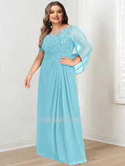 Plus Size Floor-Length Mother of the Bride A-Line Dress with Scoop Neckline Pleats and Sequins