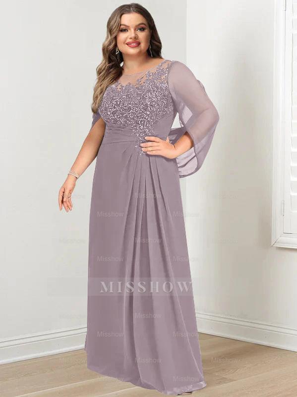 Plus Size Floor-Length Mother of the Bride A-Line Dress with Scoop Neckline Pleats and Sequins