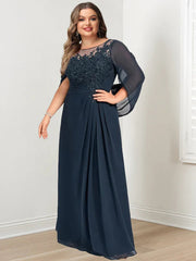 Plus Size Floor-Length Mother of the Bride A-Line Dress with Scoop Neckline Pleats and Sequins