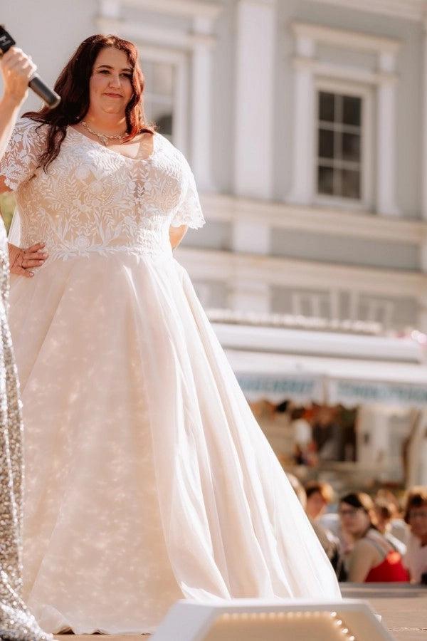 Plus Size Ivory A-Line Wedding Dress V Neck Short Lace Sleeves 3D Floral  Cathedral Train