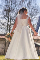 Plus Size Ivory A-Line Wedding Dress V Neck Wide Strap Lace Floral Bodice Crystal Belt Tulle Bridal Gown