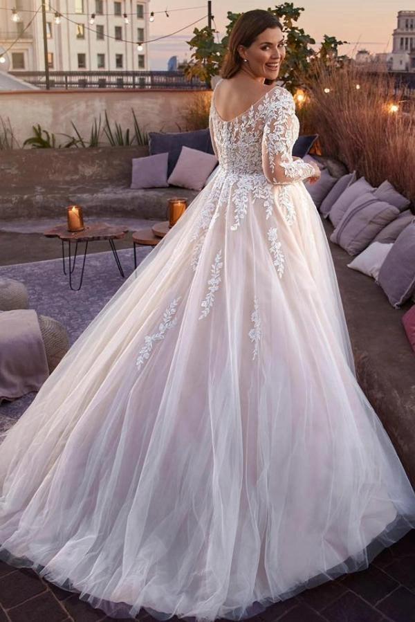 Plus Size Ivory Ball Gown Wedding Dress Illusion V Neck Long Sheer Lace Sleeves Leaf Floral Applique Tulle Romantic Bridal Gown